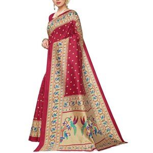 NWT Pisara Sparrow Birds Floral Red Art Silk Saree Sari OS